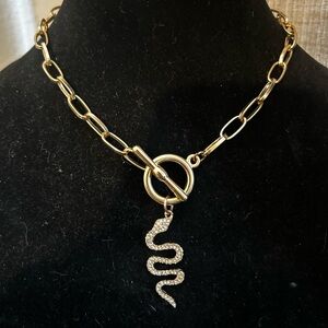 Gold Tone Toggle Chain Necklace with Rhinestone Snake Pendant